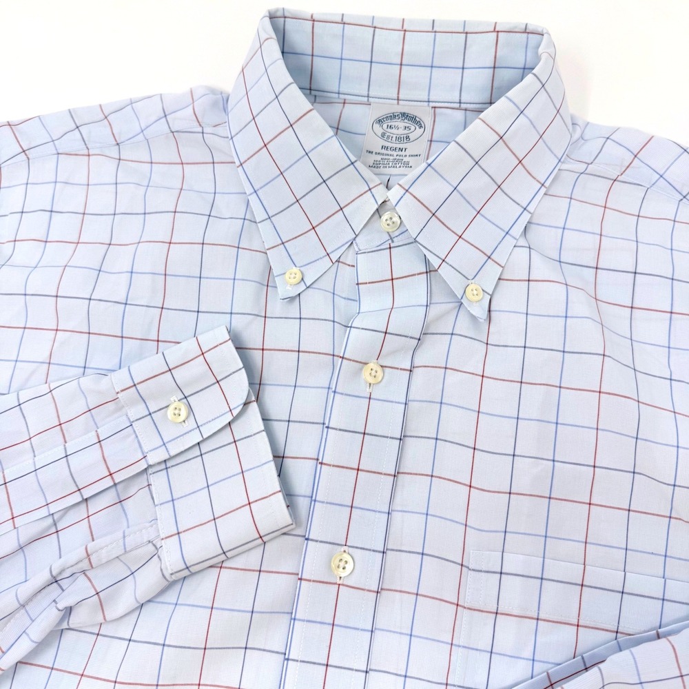 Brooks Brothers Regent Non-Iron Supima Cotton Tattersall Shirt 16.5 35 Blue Red